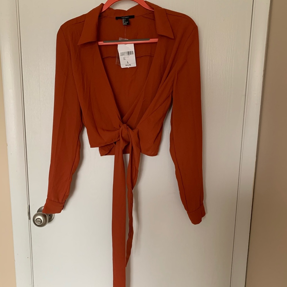 Forever 21 Rust Long Sleeve Tie Front Woven Shirt